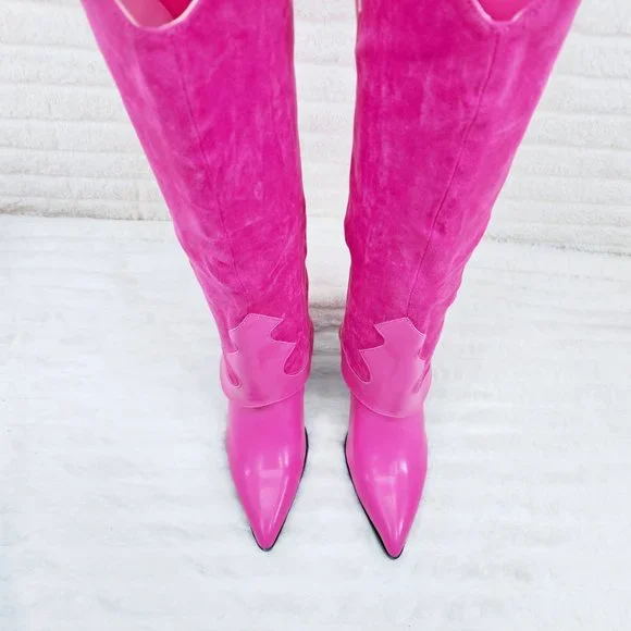Branded Fuchsia Pink Skirted Fold Over Western Shark  Knee High Cowgirl Boots - Picture 6 of 11